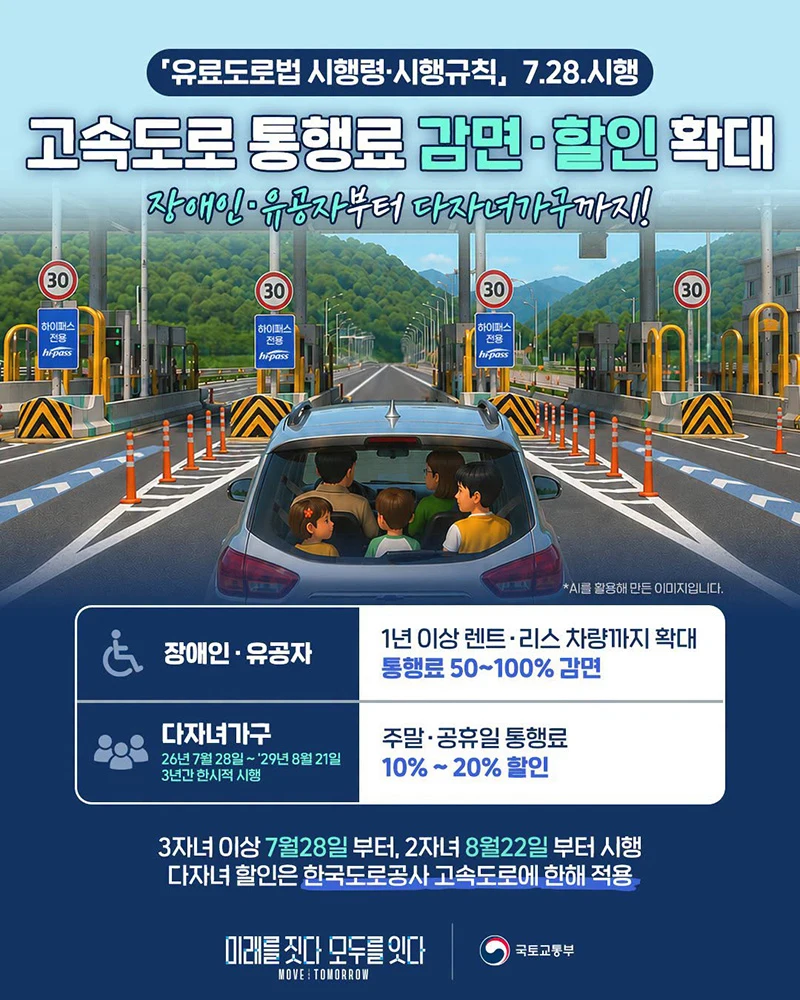 고속도로 통행료 장애인·유공자·다자녀가구 감면 확대
