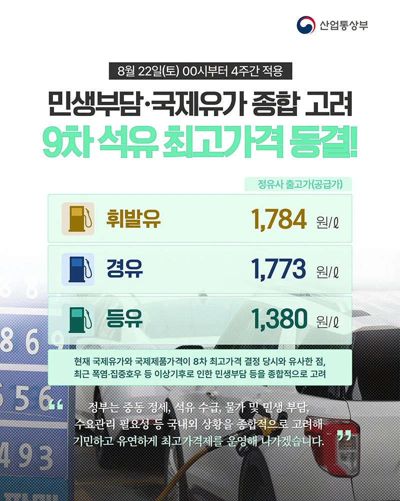 석유 최고가격 9차 연속 동결…휘발유 1784원 유지